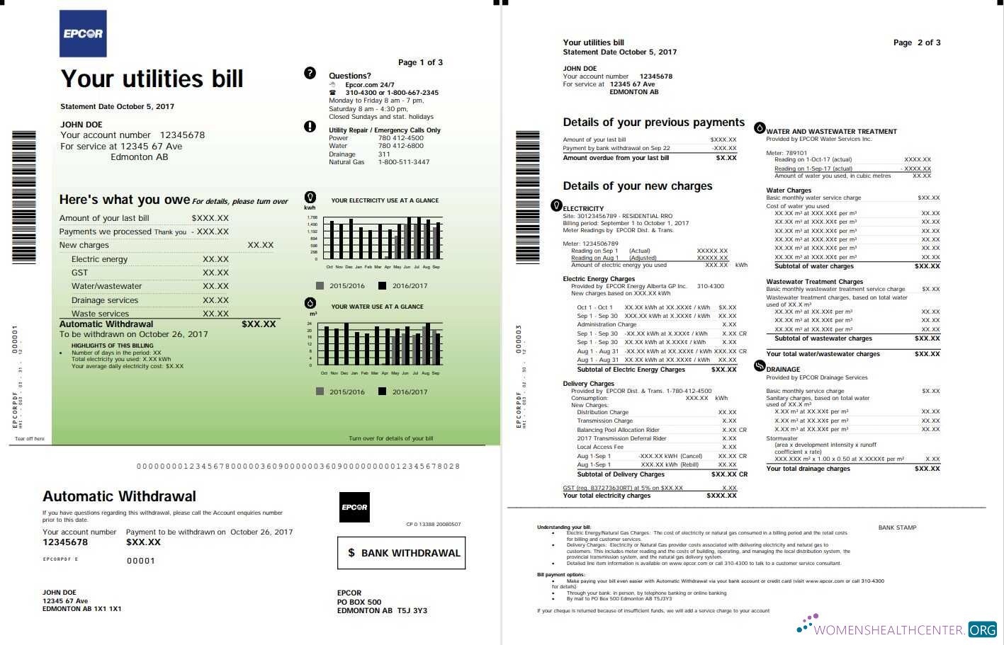 download Canada Epcor electricity utility bill template in Word and PDF format, 3 pages 1 2 PDF template